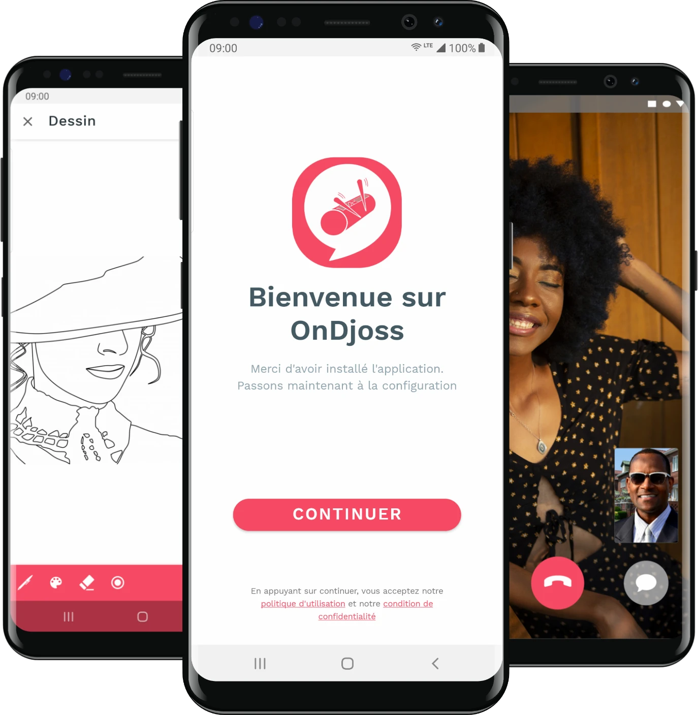 OnDjoss app screens — drawing, welcome, video call